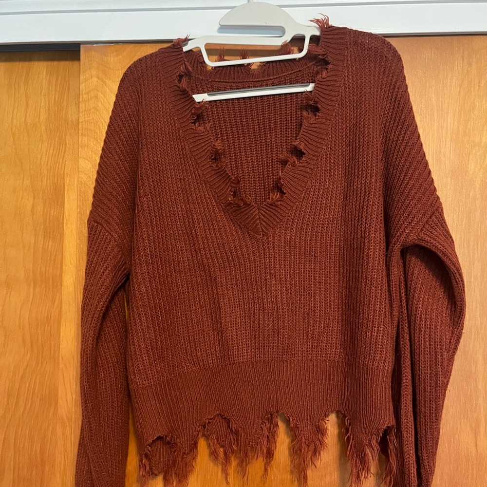 Distressed Brown V-Neck Crop Sweater